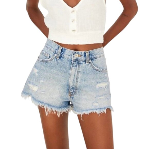 Zara Distressed High Rise Rigid Denim Cutoff Shorts Festival Summer Women's 2 - Picture 1 of 6